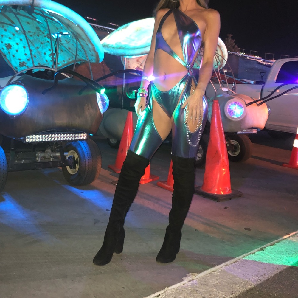 Club Exx holographic chain catsuit